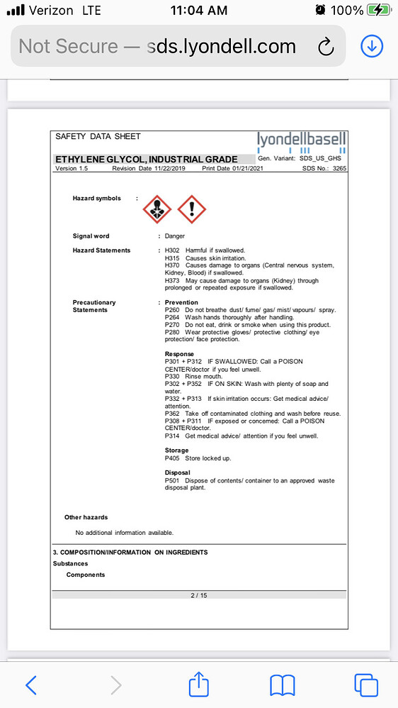 SDS Hazards for Ethylene Glycol Chemical Engineering general